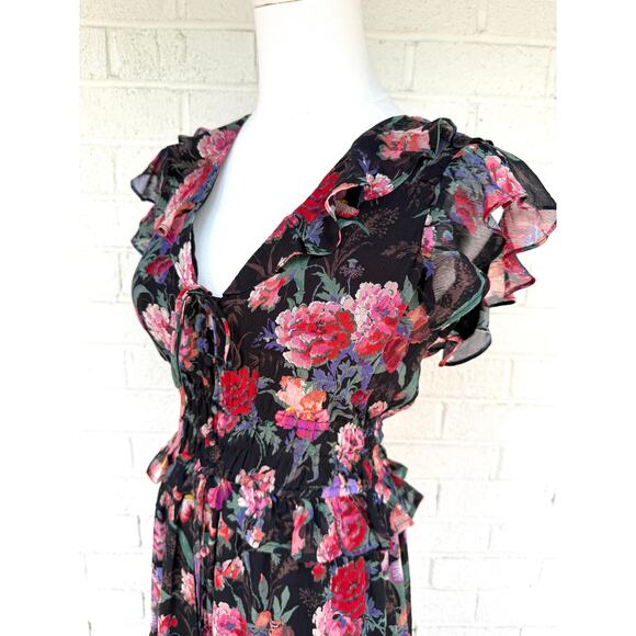 Paige 100% Silk Floral Midi Dress Black Ruffle Sleeve Smocked Waist Boho NWT  XS - Picture 6 of 11